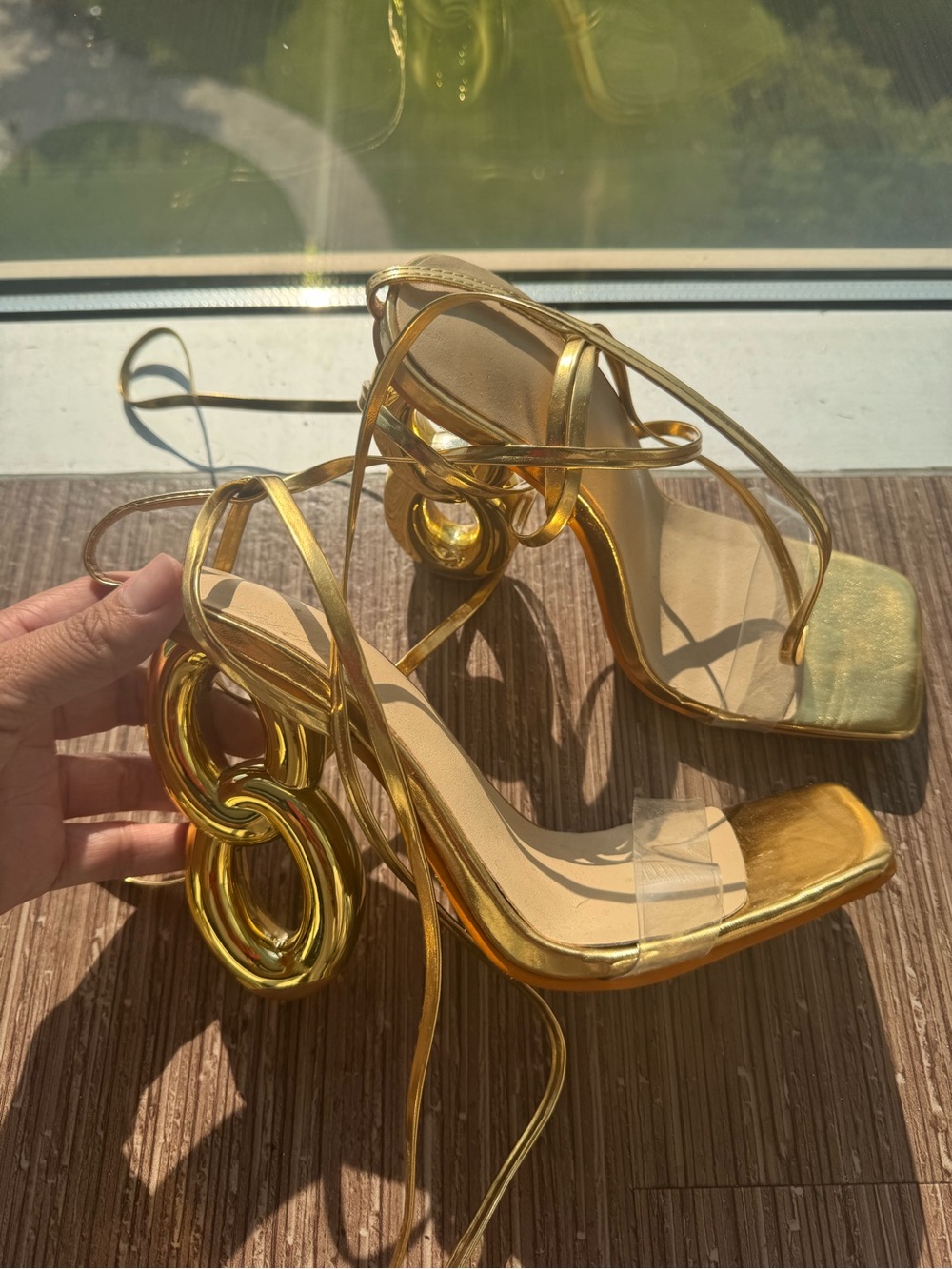 SHEIN Metallic Gold Strappy Sculptural Heel Sandals